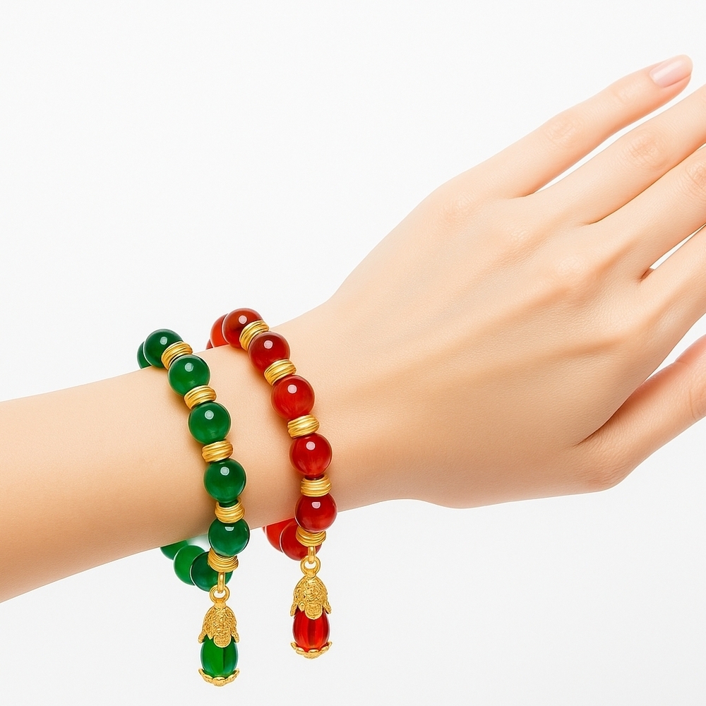 🍉2/40🍉Women’s Beaded Bracelets – Red & Green Agate with Gold Charms (Set of 2)